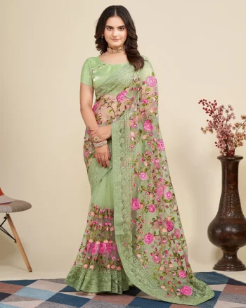 DESIGNER SOFT NET CHIKANKARI EMBROIDERY WORK SAREE WITH UNSTITCHED BLOUSE PISTA