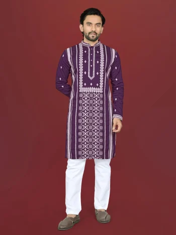 DESIGNER SOFT SILK EMBROIDERY WORK AND SILVER SEQUENCE WORK MEN'S KURTA PAYJAMA PURPLE