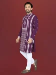 5DESIGNER SOFT SILK EMBROIDERY WORK AND SILVER SEQUENCE WORK MEN’S KURTA PAYJAMA FESTIVE WEAR WHOLESALE PRICE ETHNIC GARMENT (15)