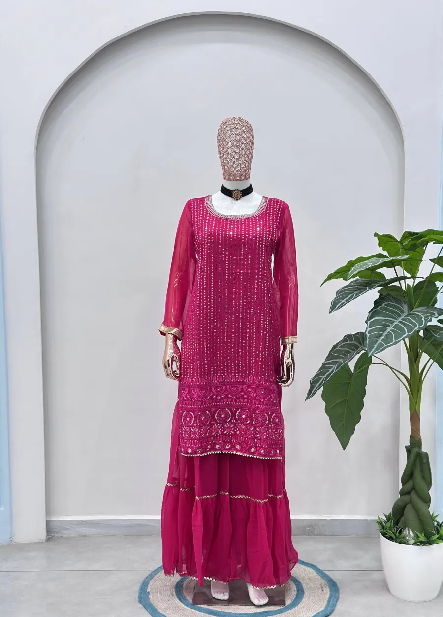 5FANCY GEORGETTE EMBROIDERY SEQUENCE ZARI WORK TOP SHARARA WITH DUPATTA FESTIVE WEAR WHOLESALE PRICE ETHNIC GARMENT (46)
