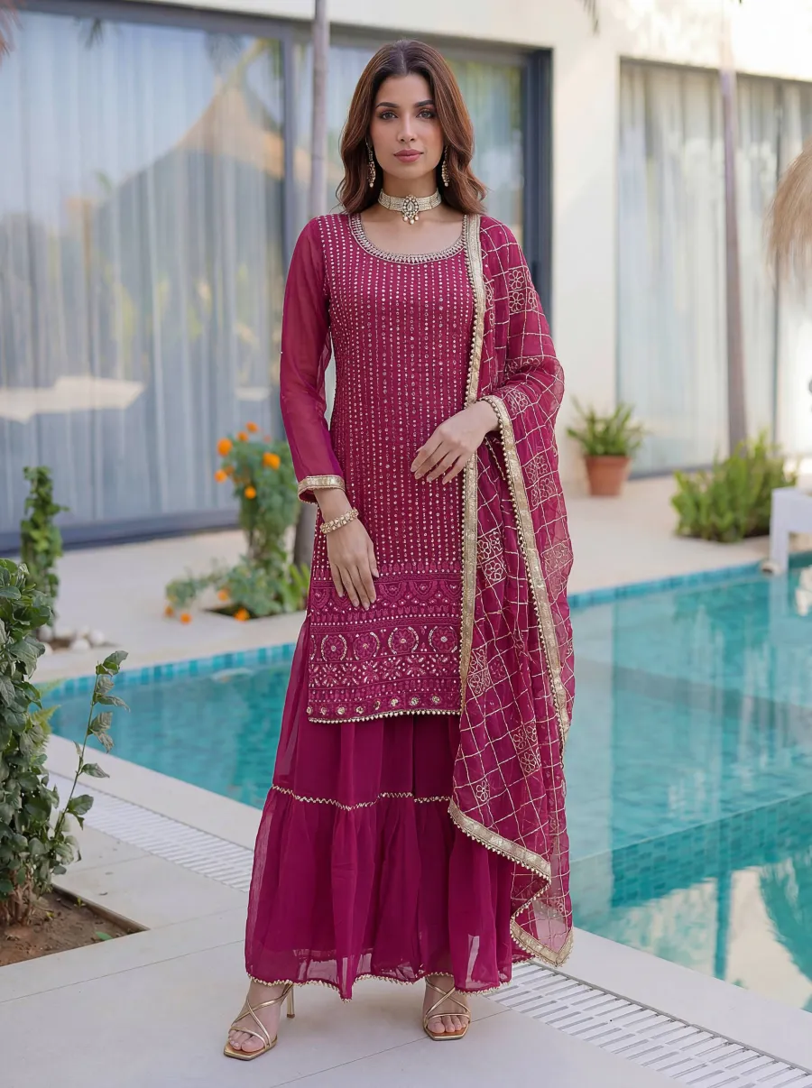 5FANCY GEORGETTE EMBROIDERY SEQUENCE ZARI WORK TOP SHARARA WITH DUPATTA FESTIVE WEAR WHOLESALE PRICE ETHNIC GARMENT (48)