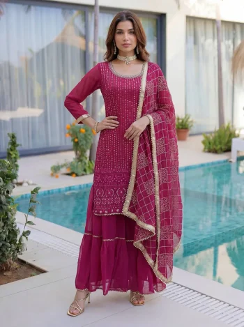 FANCY GEORGETTE EMBROIDERY SEQUENCE ZARI WORK TOP SHARARA WITH DUPATTA PINK