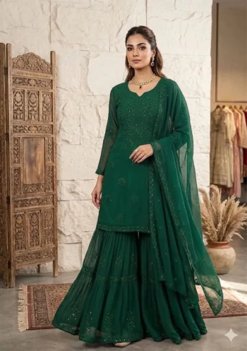 MODERN GEORGETTE SEQUENCE EMBROIDERY WORK TOP SHARARA WITH DUPATTA GREEN
