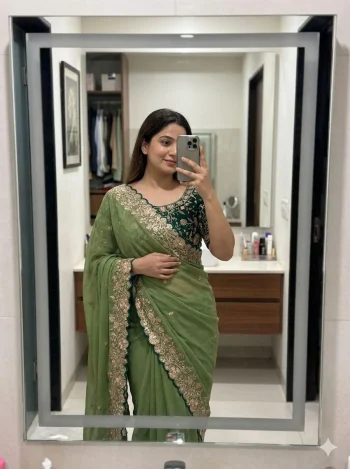 MODERN GEORGETTE SEQUENCE WORK CUT  WORK BORDER SAREE WITH UNSTITCHED BLOUSE PISTA