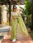 MODERN LINEN COTTON DIGITAL PRINT WITH TASSELS WORK SAREE WITH UNSTITCHED BLOUSE PISTA