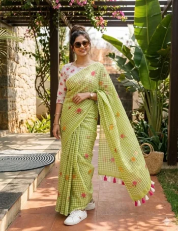 MODERN LINEN COTTON DIGITAL PRINT WITH TASSELS WORK SAREE WITH UNSTITCHED BLOUSE PISTA