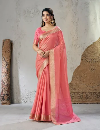 MODERN LINENE COTTON SILK GOLD ZARI AND SELF DESIGN WORK SAREE WITH UNSTITCHED BLOUSE PINK