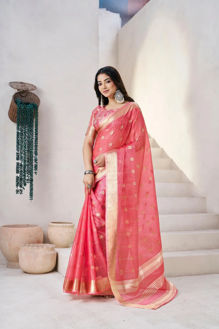 5RICH LOOK LINEN COTTON SILK GOLD ZARI AND SELF DESIGN WORK SAREE WITH UNSTITCHED BLOUSE FESTIVE WEAR WHOLESALE PRICE ETHNIC GARMENT (1)