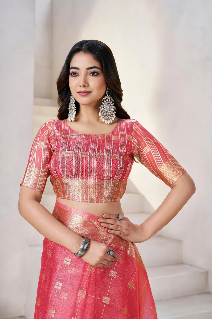 5RICH LOOK LINEN COTTON SILK GOLD ZARI AND SELF DESIGN WORK SAREE WITH UNSTITCHED BLOUSE FESTIVE WEAR WHOLESALE PRICE ETHNIC GARMENT (2)