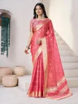 RICH LOOK LINEN COTTON SILK GOLD ZARI AND SELF DESIGN WORK SAREE WITH UNSTITCHED BLOUSE PINK