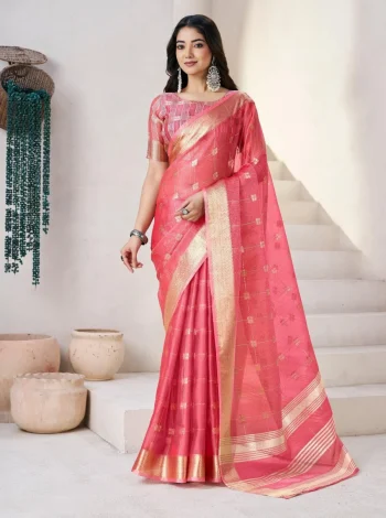 RICH LOOK LINEN COTTON SILK GOLD ZARI AND SELF DESIGN WORK SAREE WITH UNSTITCHED BLOUSE PINK