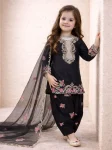 RICH LOOK NATURAL CREPE EMBROIDERY SEQUENCE WORK KID'S TOP PATIYALA WITH DUPATTA BLACK