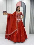 RICH LOOK VICHITRA SILK EMBROIDERY THREAD & SEQUENCE WORK LEHENGA CHOLI WITH DUPATTA ORANGE