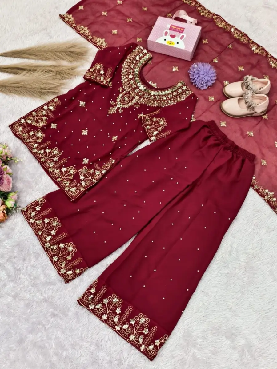 6DESIGNER GEORGETTE MULTI EMBROIDERY WITH MOTI WORK KID'S TOP BOTTOM WITH DUPATTA FESTIVE WEAR WHOLESALE PRICE ETHNIC GARMENT (10)