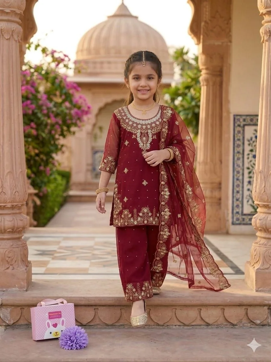 6DESIGNER GEORGETTE MULTI EMBROIDERY WITH MOTI WORK KID'S TOP BOTTOM WITH DUPATTA FESTIVE WEAR WHOLESALE PRICE ETHNIC GARMENT (11)