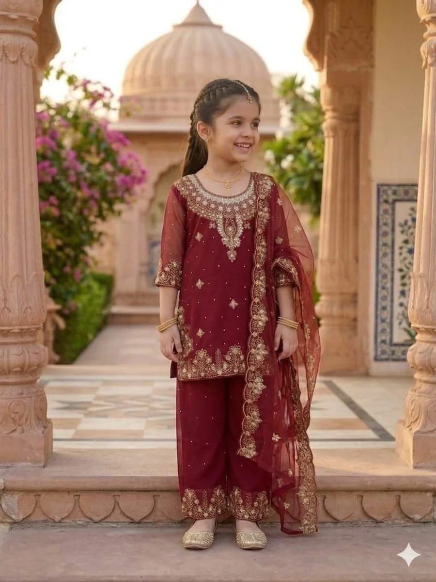 6DESIGNER GEORGETTE MULTI EMBROIDERY WITH MOTI WORK KID'S TOP BOTTOM WITH DUPATTA FESTIVE WEAR WHOLESALE PRICE ETHNIC GARMENT (12)