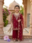 DESIGNER GEORGETTE MULTI EMBROIDERY WITH MOTI WORK KID'S TOP BOTTOM WITH DUPATTA MAROON