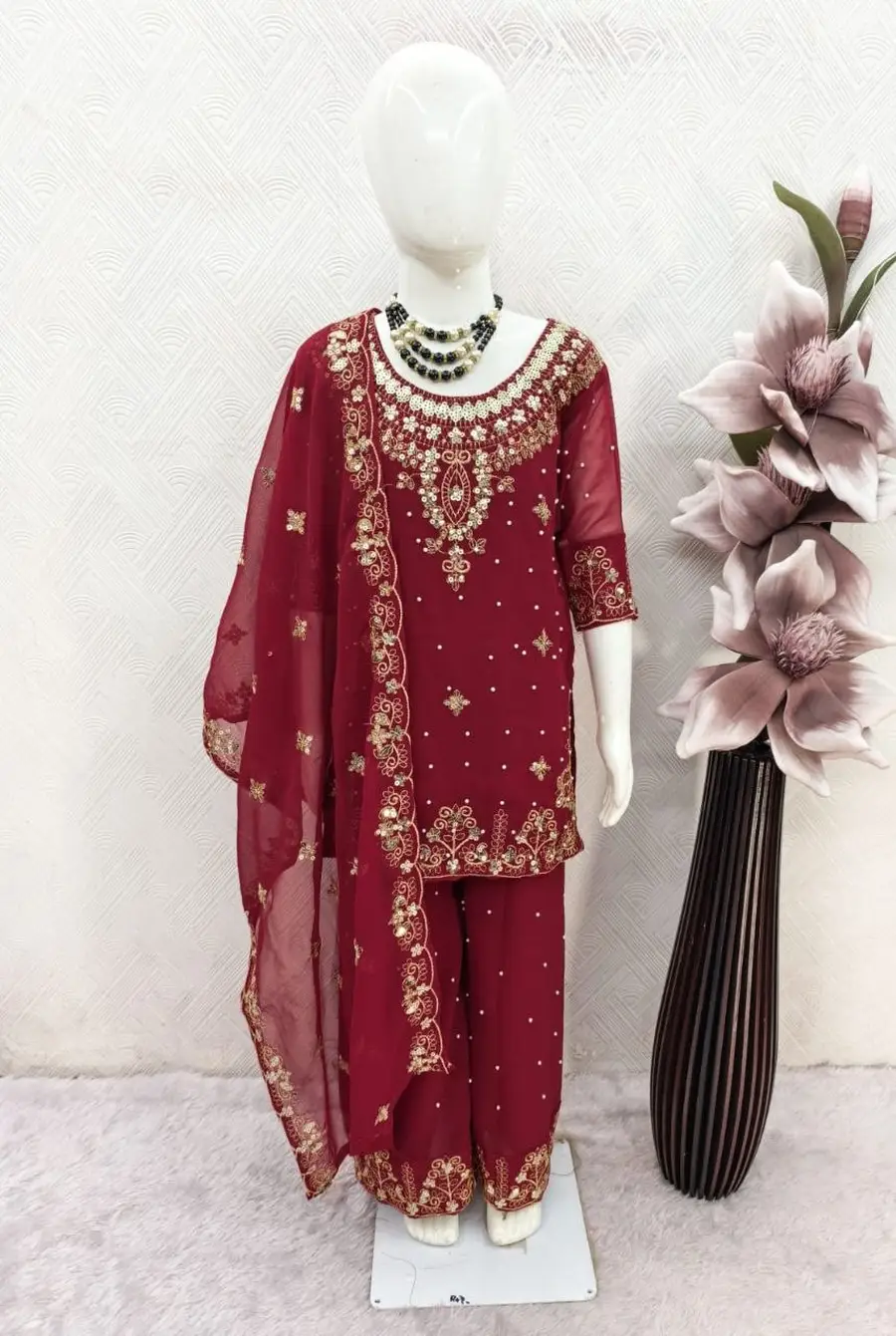 6DESIGNER GEORGETTE MULTI EMBROIDERY WITH MOTI WORK KID'S TOP BOTTOM WITH DUPATTA FESTIVE WEAR WHOLESALE PRICE ETHNIC GARMENT (9)