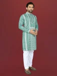 6DESIGNER SOFT SILK EMBROIDERY WORK AND SILVER SEQUENCE WORK MEN’S KURTA PAYJAMA FESTIVE WEAR WHOLESALE PRICE ETHNIC GARMENT (5)