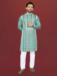 DESIGNER SOFT SILK EMBROIDERY WORK AND SILVER SEQUENCE WORK MEN'S KURTA PAYJAMA MINT