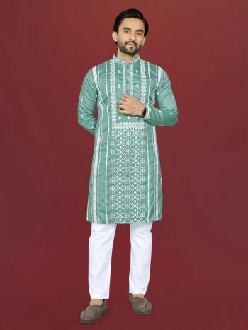 DESIGNER SOFT SILK EMBROIDERY WORK AND SILVER SEQUENCE WORK MEN'S KURTA PAYJAMA MINT