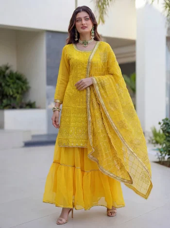 FANCY GEORGETTE EMBROIDERY SEQUENCE ZARI WORK TOP SHARARA WITH DUPATTA YELLOW