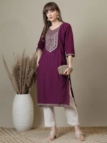 FANCY RAYON EMBROIDERY WORK ONLY KURTI WINE