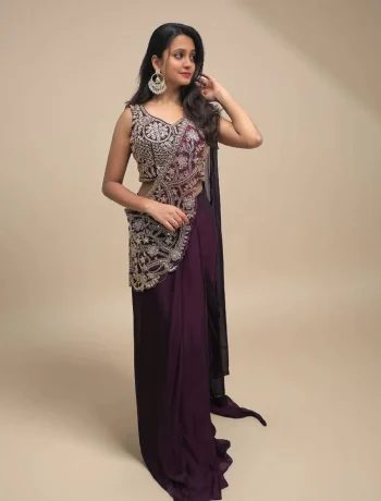 TRENDING RANGOLI SILK EMBROIDERY THREAD & SEMI BEADS WORK READY TO WEAR SAREE WITH STITCHED BLOUSE WINE