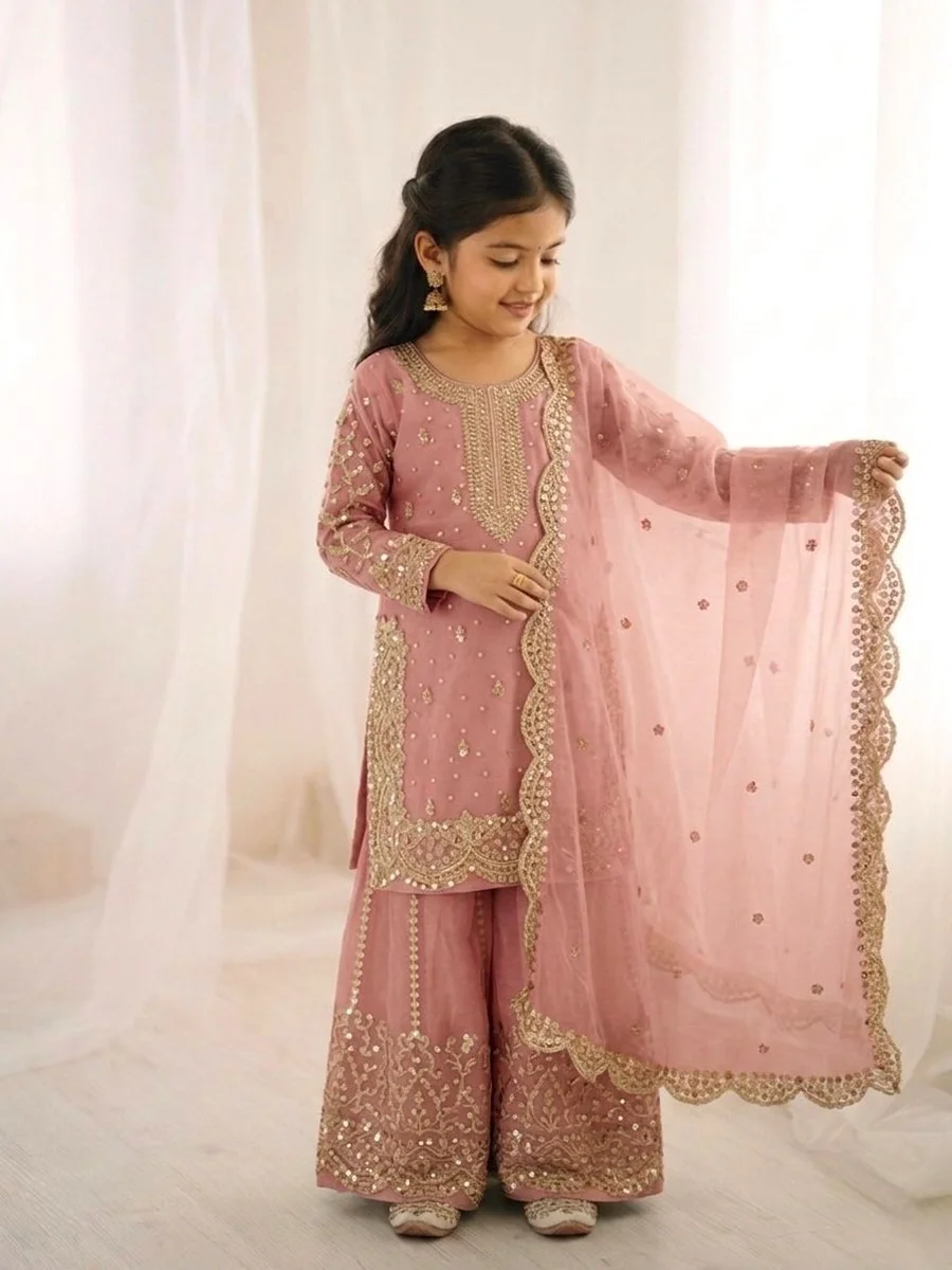 7DESIGNER FENDY SILK EMBROIDERY CODING AND SEQUENCE WORK KID'S TOP PALAZZO WITH DUPATTA FESTIVE WEAR WHOLESALE PRICE ETHNIC GARMENT FESTIVE WEAR WHOLESALE PRICE ETHNIC GARMENT (2)