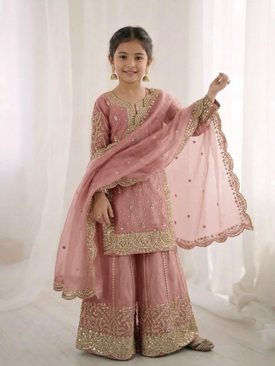 7DESIGNER FENDY SILK EMBROIDERY CODING AND SEQUENCE WORK KID'S TOP PALAZZO WITH DUPATTA FESTIVE WEAR WHOLESALE PRICE ETHNIC GARMENT FESTIVE WEAR WHOLESALE PRICE ETHNIC GARMENT (4)