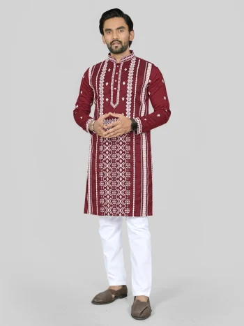 DESIGNER SOFT SILK EMBROIDERY WORK AND SILVER SEQUENCE WORK MEN'S KURTA PAYJAMA MAROON