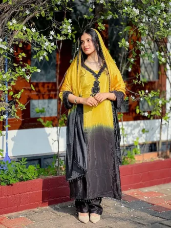 FANCY FRENCH CREPE SILK EMBROIDERY BEADS WORK TOP BOTTOM WITH DUPATTA YELLOW AND BLACK