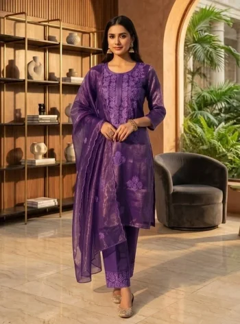 MODERN TWILL COTTON EMBROIDERY WORK TOP BOTTOM WITH DUPATTA PURPLE