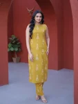 RICH LOOK COTTON PRINTED WORK TOP PENT SET YELLOW