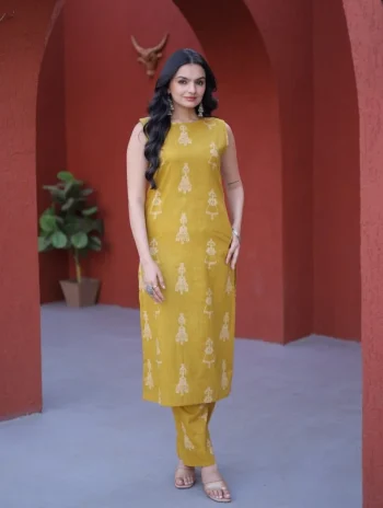RICH LOOK COTTON PRINTED WORK TOP PENT SET YELLOW