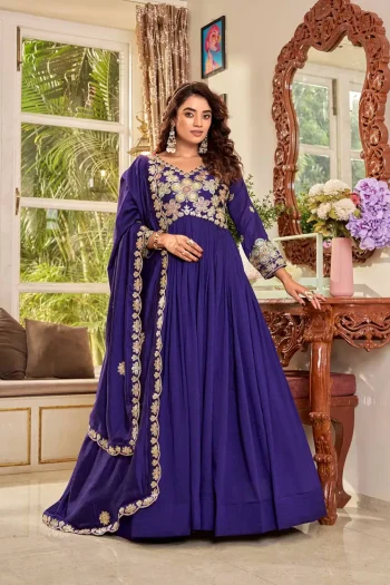 TRENDING VICHITRA CODING SEQUENCE EMBROIDERY WORK GOWN WITH DUPATTA PURPLE