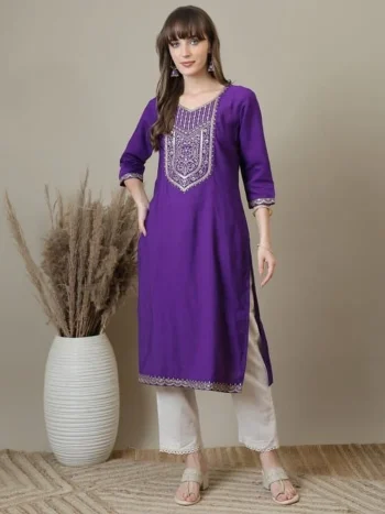 FANCY RAYON EMBROIDERY WORK ONLY KURTI PURPLE