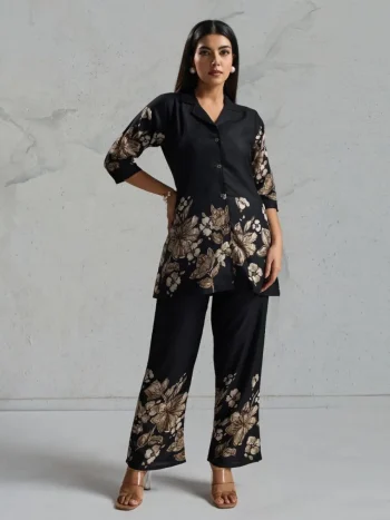 RICH LOOK RAYON DIGITAL PRINTED WORK CO-ORD SET BLACK