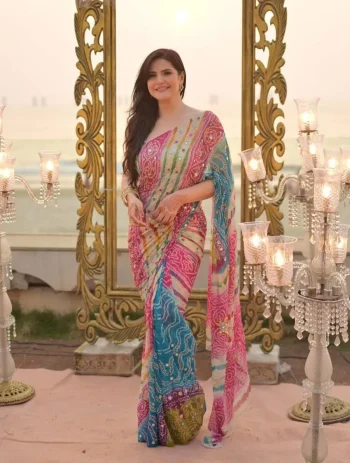 BOLLYWOOD SOFT TABBY DIGITAL PRINT WITH REAL MIRROR WORK SAREE WITH UNSTITCHED BLOUSE PINK