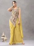 CLASSIC CHINON EMBROIDERY  WORK READY TO WEAR SAREE WITH STITCHED BLOUSE LEMON