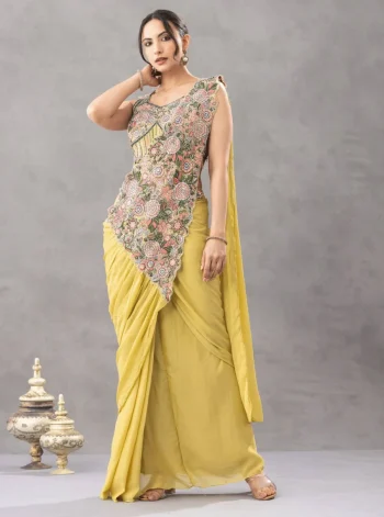 CLASSIC CHINON EMBROIDERY WORK READY TO WEAR SAREE WITH STITCHED BLOUSE LEMON