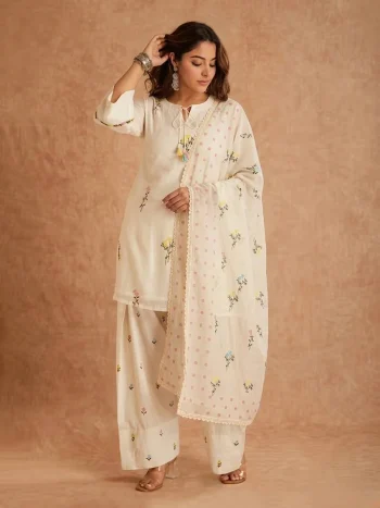 CLASSIC COTTON SILK MULTI NEEDLE WORK EMBROIDERY WITH FANCY BORDER WORK TOP PATIYALA WITH DUPATTA OFF WHITE