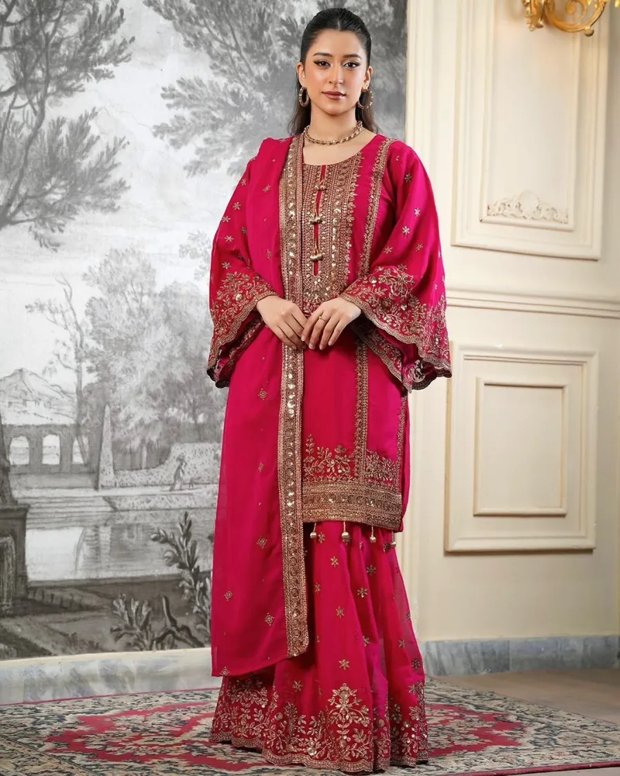 CLASSIC FENDY SILK EMBROIDERY SEQUENCE WORK TOP SHARARA WITH DUPATTA FESTIVE WEAR WHOLESALE PRICE ETHNIC GARMENT (12)
