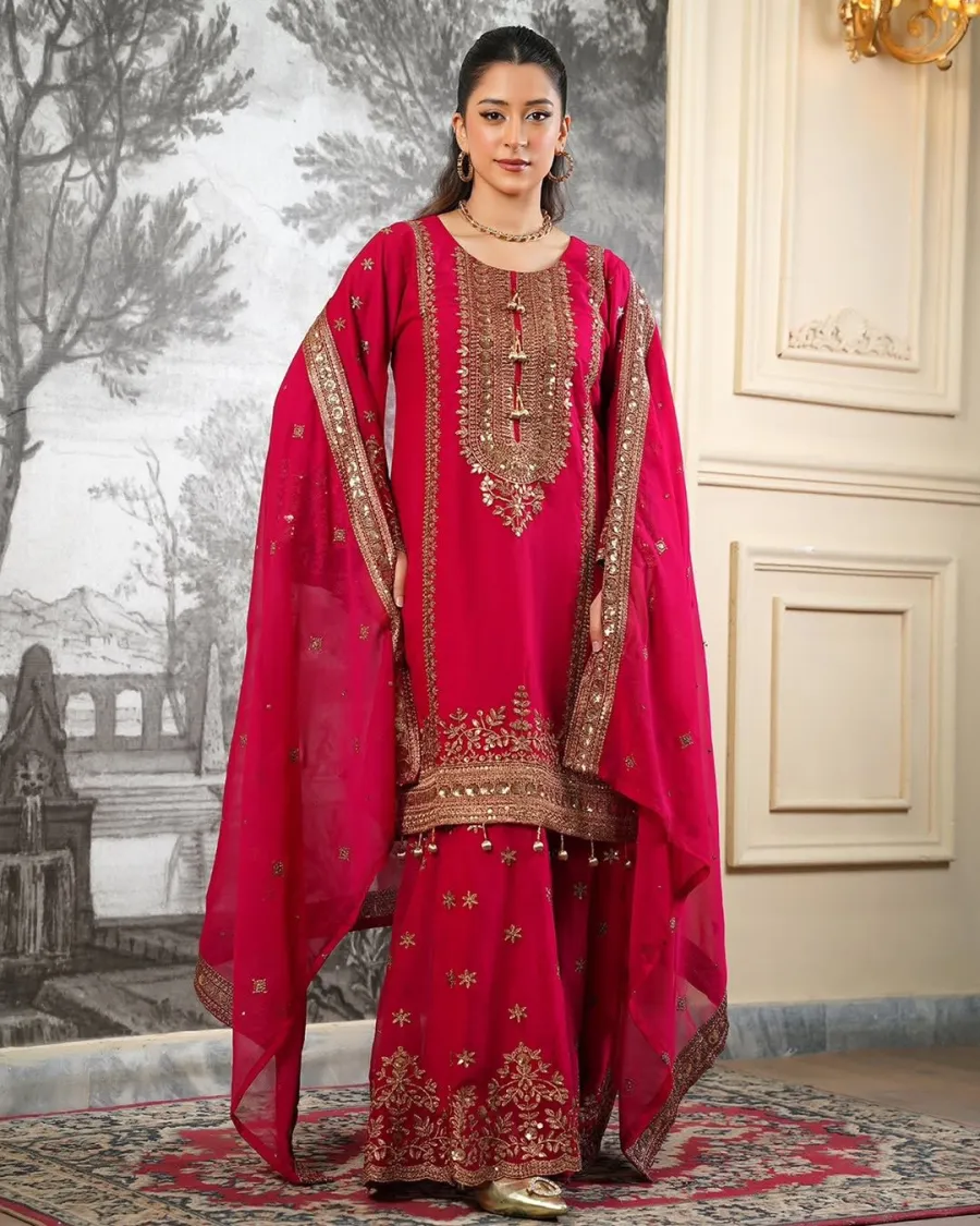 CLASSIC FENDY SILK EMBROIDERY SEQUENCE WORK TOP SHARARA WITH DUPATTA FESTIVE WEAR WHOLESALE PRICE ETHNIC GARMENT (15)