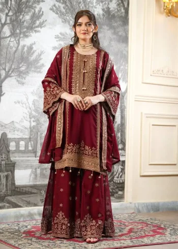 CLASSIC FENDY SILK EMBROIDERY SEQUENCE WORK TOP SHARARA WITH DUPATTA MAROON