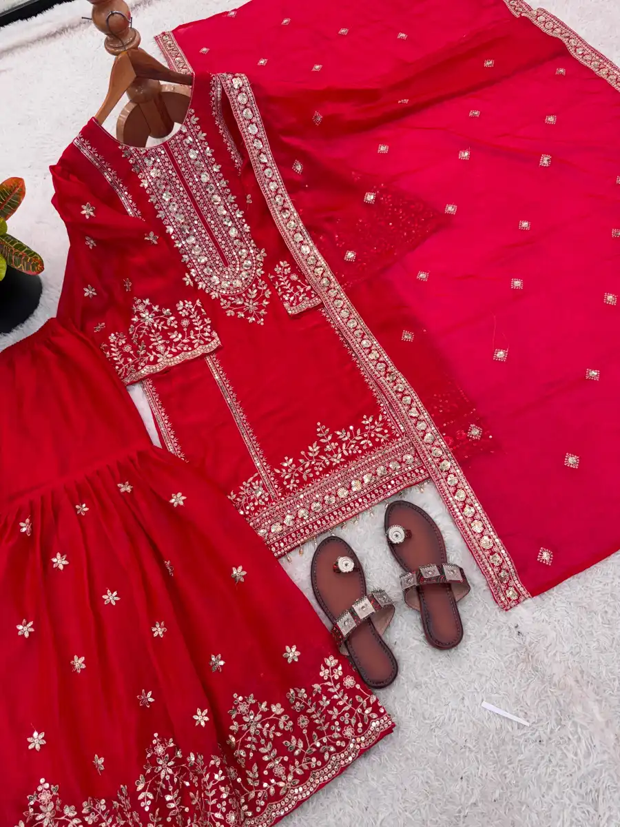 CLASSIC FENDY SILK EMBROIDERY SEQUENCE WORK TOP SHARARA WITH DUPATTA FESTIVE WEAR WHOLESALE PRICE ETHNIC GARMENT (19)