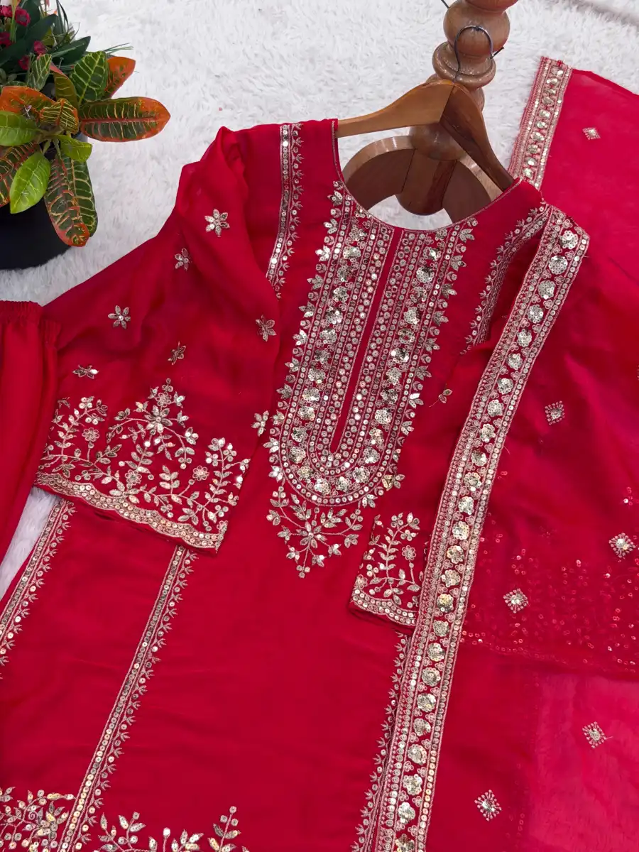 CLASSIC FENDY SILK EMBROIDERY SEQUENCE WORK TOP SHARARA WITH DUPATTA FESTIVE WEAR WHOLESALE PRICE ETHNIC GARMENT (20)