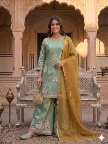CLASSIC FENDY SILK SEQUENCE EMBROIDERY WORK TOP PALAZZO WITH DUPATTA PISTA