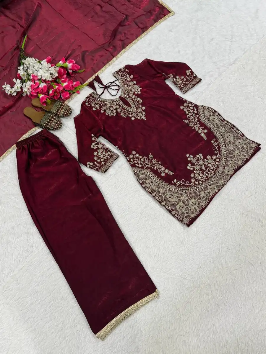 CLASSIC FENDY SILK SEQUENCE EMBROIDERY WORK TOP PALAZZO WITH DUPATTA FESTIVE WEAR WHOLESALE PRICE ETHNIC GARMENT (10)
