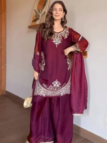CLASSIC FENDY SILK SEQUENCE EMBROIDERY WORK TOP PALAZZO WITH DUPATTA MAROON